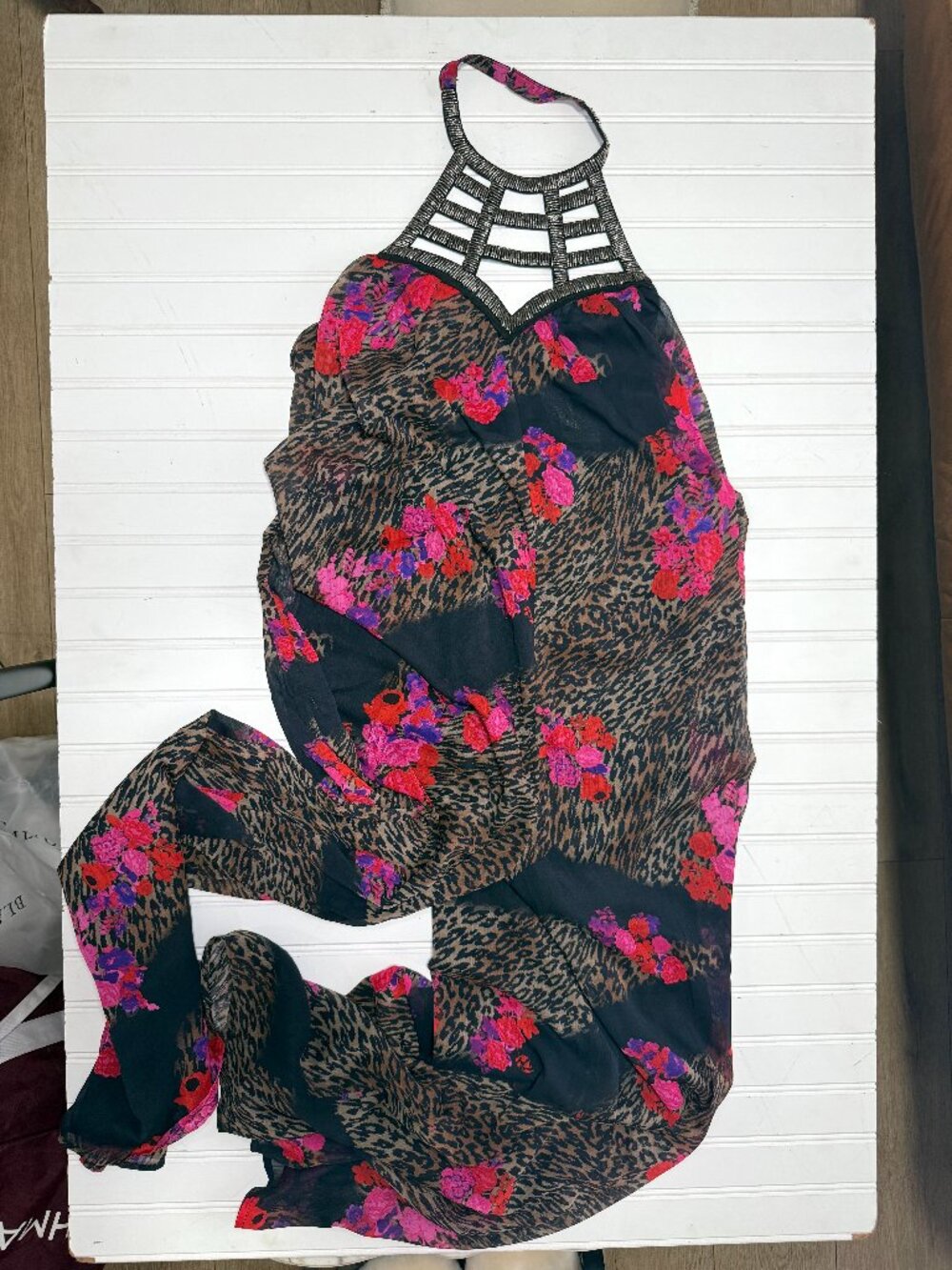 Venus Backless Halter Jumpsuit Floral Leopard Print Beaded Neck Size M - Picture 2 of 10